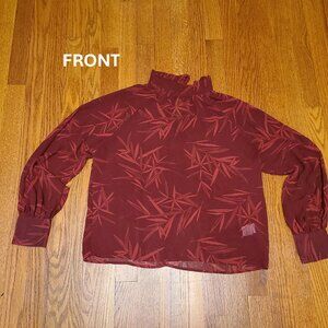 Forever 21 Blouse Burgundy Sheer Mock Neck Bow Tie Long Sleeve Size S